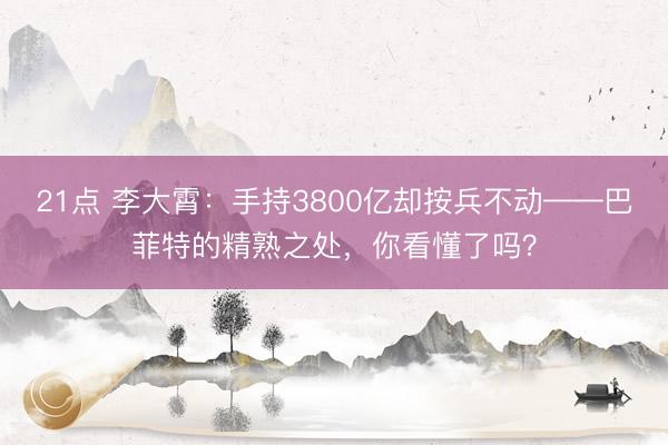 21点 李大霄：手持3800亿却按兵不动——巴菲特的精熟之处，你看懂了吗？
